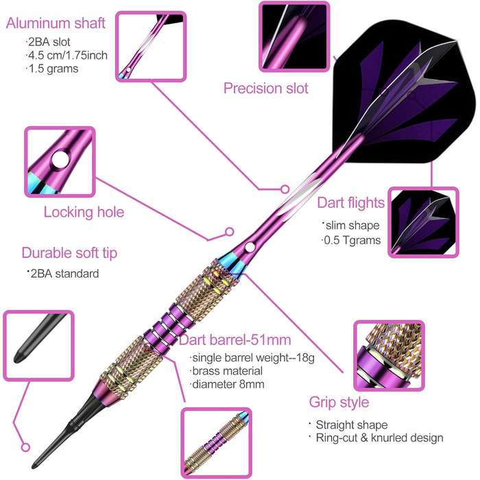 Дартс м'який 20 г, латунний ствол, 3 шт., фіолетовий, для E-Dartboard