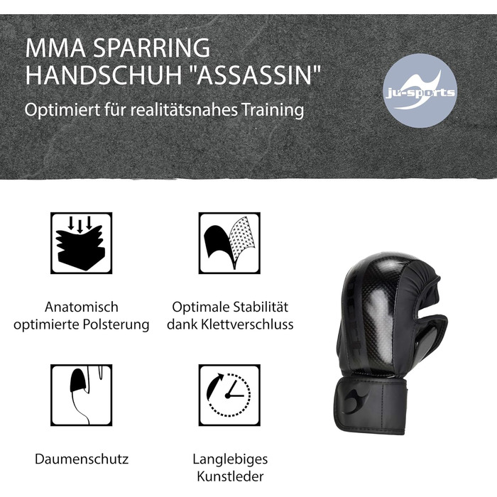 Рукавички для ММА Ju-Sports Assassin чорні, карбон, PU – захист для спарингів, з посиленим захистом великого пальця та кисті, універсальні для тренувань