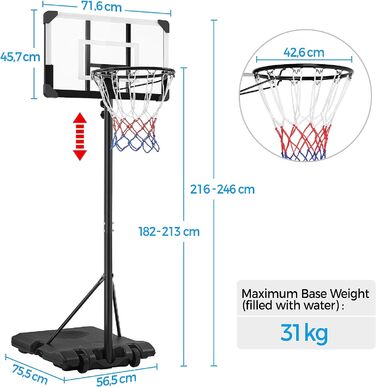 Баскетбольна стійка Yaheetech, регульована по висоті, з колесами, для приміщень або вулиці, біла, 216-246 см