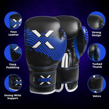 Дитячі боксерські рукавички FightX Junior 170 г, сині, PU, для тренувань та спарингів, для хлопчиків і дівчаток, MMA