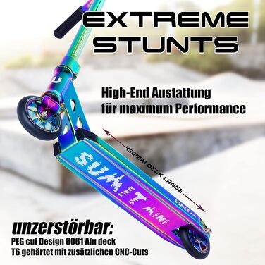 Довгий трюковий скутер Summit Mini High End Profi StuntScooter, 6061 T6 Alu, ABEC 9 кулькових підшипників, колеса 110 мм з Alu Core, кікскутер, Funскутер, Скутер, Trick Scooter (Summit Mini full neo chrome)