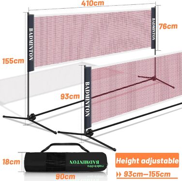 Сітка для бадмінтону, Тенісна сітка 410см 510 см Сітка для волану регулюється по висоті, сітка для саду, стійка рама з сумкою для транспортування, критий сад на відкритому повітрі (410 см)