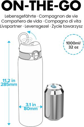 Літрова пляшка для води з маркерами часу, герметична, відкривання однією рукою, надійне блокування, можна мити в посудомийній машині, без бісфенолу А, ручка для перенесення, ідеально підходить для тренажерного залу, (2.0, глибокий синьо-зелений), 8 1-