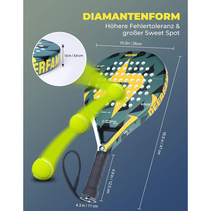 Ракетка DEERFAMY Padel EVA & Full Carbon, міцна та ідеальна для початківців, збільшена швидкість завдяки конструкції на 68 отворів, нековзна рукоятка та розмір шнура зап'ястя 47*26*3,8 см - унісекс, дорослий, 0,4 кг