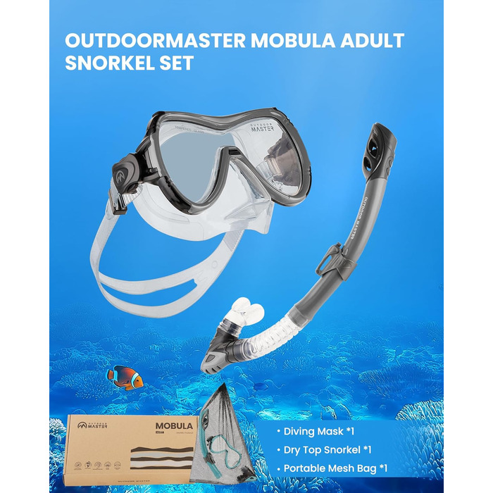Набір для підводного плавання OutdoorMaster Mobula для дорослих: маска з загартованого скла з антифогом і сухий трубка для дайвінгу, снорклінгу, плавання