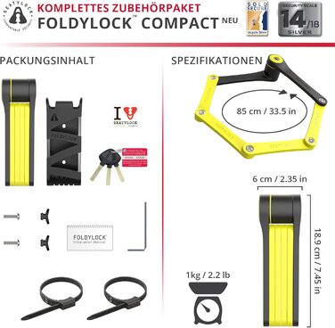Складаний велосипедний замок FoldyLock Compact з ключем та кріпленням, 85 см – високий рівень безпеки для електровелосипеда, самоката та велосипеда