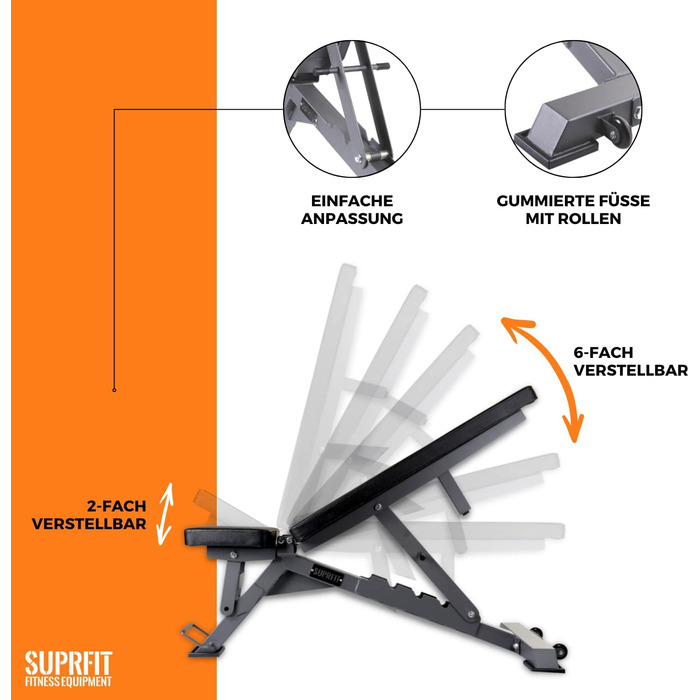 Лава для ваги SUPRFIT складна в студійній якості - Регульована тренувальна лава з 6 позиціями - Ідеально підходить як плоска та похила лава, нековзна та м'яка лава з навантаженням до 300 кг, лава регулюється вагою