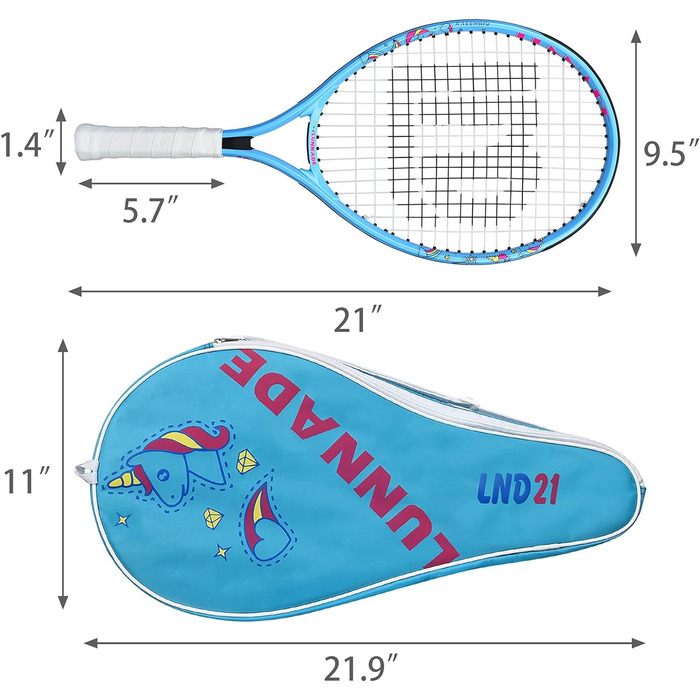 Тенісні ракетки LUNNADE для дітей юніорів, 19/21/23/25 дюймові молодіжні тенісні ракетки з чохлом, підходять для початківців, хлопчиків і дівчаток віком від 3 до 12 років (сині, 2 упаковки, 53,3 см)