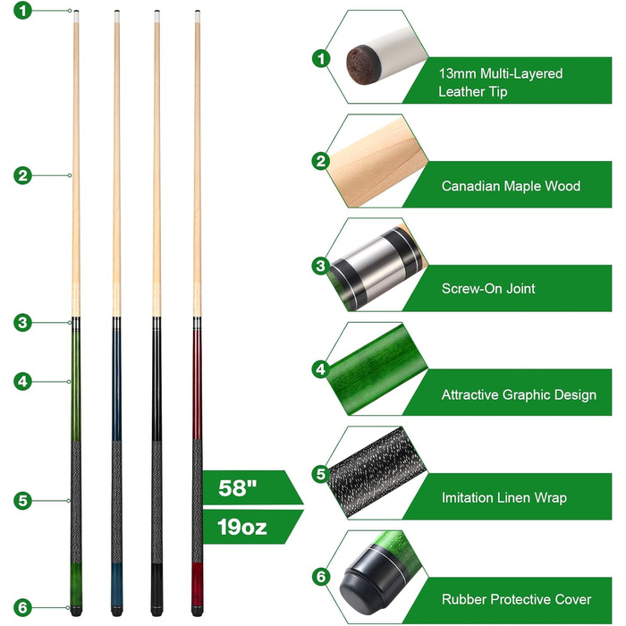 Дюймовий більярдний кий Канадський кий для басейну з кленового дерева 13 мм наконечники для професійних гравців у більярд, 1/2 кленових київ для більярдного столу Sport Green, 58-