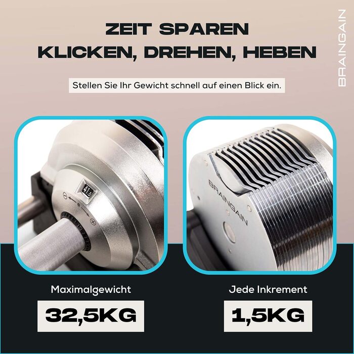 Регульовані гантелі BRAINGAIN - 23,5 кг, 32,5 кг, 41,5 кг - хром/чорний - Універсальні домашні фітнес-ваги для силових тренувань Chrome 2 x 32,5 кг