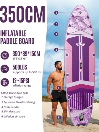 Надувна SUP дошка ZLX 350 см з сидінням, велика вантажопідйомність 225 кг, антиковзка, для дорослих, для початківців, насос, весло