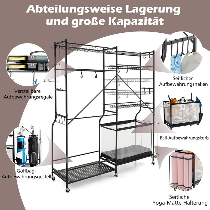 Органайзер для гольфу COSTWAY 5 в 1 з колесами, полицями та гачками