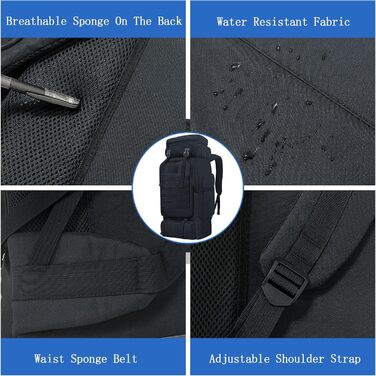Тактичний туристичний рюкзак 80 л Molle, водостійкий, великий військовий рюкзак для походів та спорту, чорний