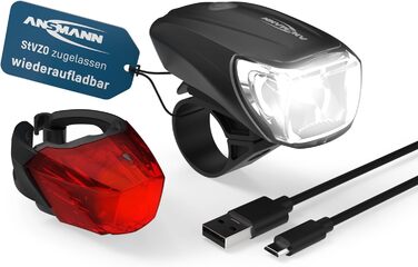 Велосипедний світловий комплект ANSMANN StVZO, CREE LED, 140 м, 35 Люкс, 170 Лм, IPX4, акумуляторний, USB, переднє та заднє світло