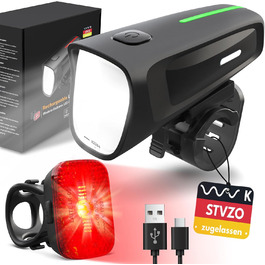 LED набір велосипедного світла MUPAS 100 LUX, StVZO, USB, IPX5, передня та задня лампа з індикатором батареї, Type-C