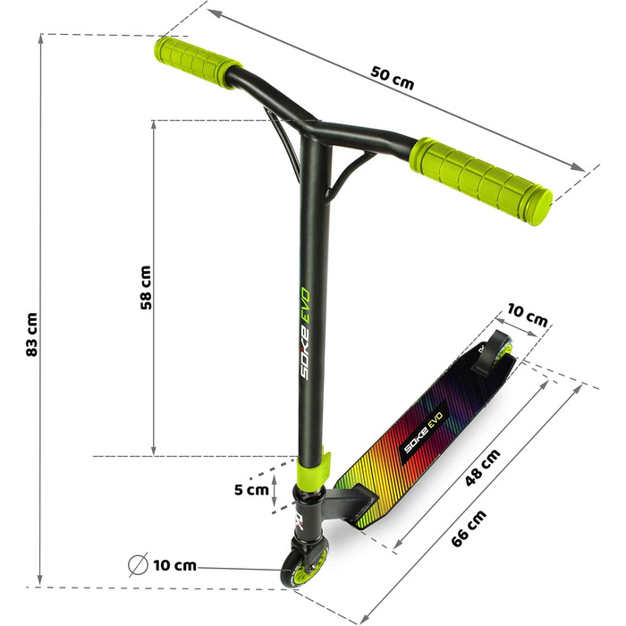 Трюковий самокат SOKE Evo для екстремальних поїздок у скейтпарку ABEC-9 хромовані сталеві вуглецеві підшипники PU колеса 88A Y-подібне кермо з ручками TPR алюмінієва дека зелена
