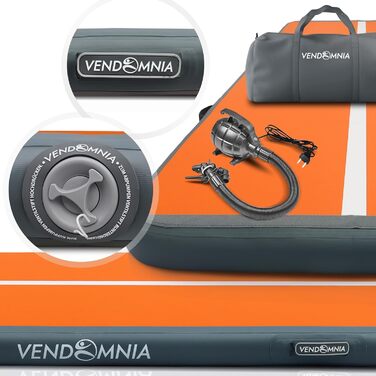 Надувний гімнастичний мат VENDOMNIA Airtrack 300x100x20 см з електричною помпою та сумкою, для спорту, йоги, фітнесу, м'ятно-сірий/помаранчево-сірий