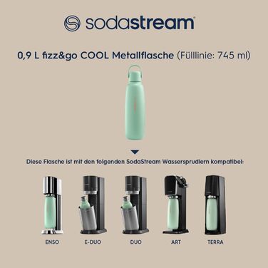 Металева пляшка SodaStream Fizz&go COOL 0,9 л, м'ятна, сумісна з Duo, E-Duo, Terra, для газованої води, тримає температуру до 12 годин, можна мити в посудомийці, BPA Free