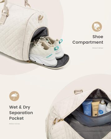 LOVEVOOK Дорожня спортивна сумка 45L для жінок, водонепроникна сумка для подорожей, пологового будинку, з косметичкою, відділенням для взуття та вологих речей, ручна поклажа для залу, літака, беж