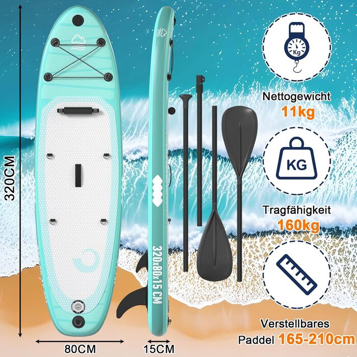 Надувна SUP-дошка Devoko 320 см, 2-в-1 з сидінням для каяка та аксесуарами, до 160 кг, для серфінгу, риболовлі, йоги