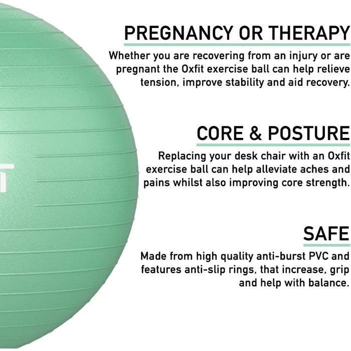 М'яч для вправ OXFIT, Anti-Burst, 70-75см, м'ятно-зелений, насос