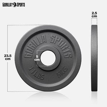 Вагові пластини GORILLA SPORTS Olympia - 1,25 кг, 2,5 кг, 5 кг, 10 кг, 15 кг, 20 кг, 25 кг, 30 кг, діаметр отвору 50 мм, чавун, одинарний/комплект - вагові пластини, набір вагових пластин, гантелі (30 кг (6x5 кг))