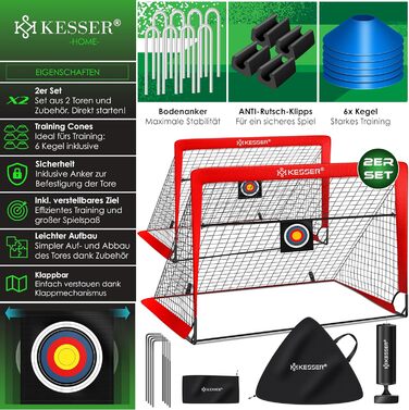 Футбольні ворота Дитячий поп-ап набір з 2 шт. Футбольні ворота складні зі скловолокнистими стовпами та високоякісними сітками для воріт у приміщенні, на вулиці та в саду З сумкою для перенесення 6 шт. конусна мішень для кулькового насоса (червона)