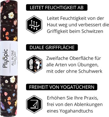 Пліопічний гарячий килимок для йоги все в одному Розкішний килимок для йоги з інтегрованим рушником для йоги та стійким до поту натуральним каучуком Ідеально підходить для гарячої йоги, бікрама, йоги, аштанга віньяси, фітнесу (Flower Burst)