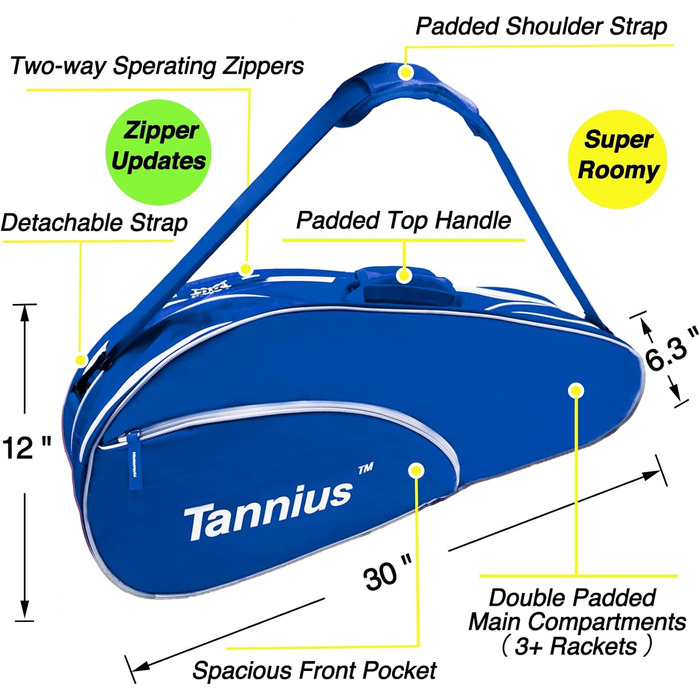 Тенісна сумка з ракеткою Tannius 3, з відділенням для взуття та телефону та захисною накладкою, супер простора та легка сумка-ракетка для тенісу, бадмінтон синій