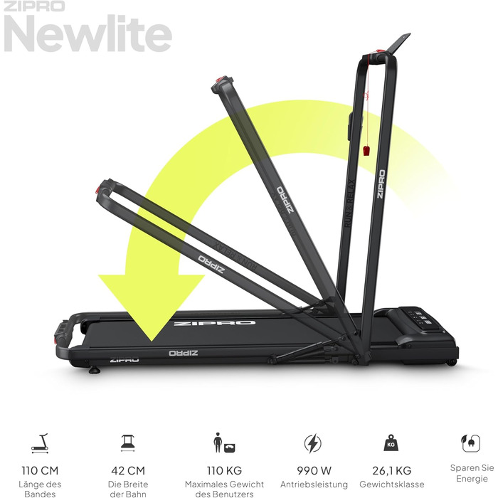 Бігова доріжка ZIPRO Newlite складана, 2 режими, FlatFold, 1-10 км/год, до 110 кг, LED-дисплей, тиха, амортизація Easy Walk