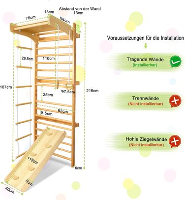 Стіна для скеледрому Aufun Wall Bars з аксесуарами, 215x82x6 см