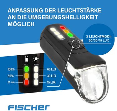 Велосипедний LED набір освітлення FISCHER Twin з 360° підсвіткою для безпеки, передня фара 60 Люкс