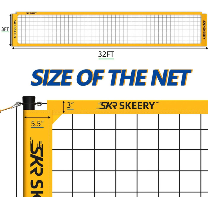 Міцний набір волейбольних сіток SKEERY, конструкція проти запотівання, регульовані алюмінієві планки, портативна волейбольна сітка для заднього двору, трави та пляжу (жовта)