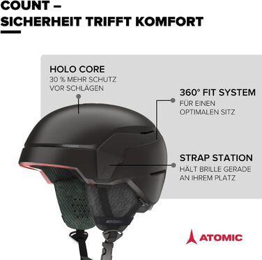 Гірськолижний шолом ATOMIC Count - Шолом для максимальної безпеки - Гірськолижні шоломи зі зручною системою 360 Fit - Шолом для сноуборду з функціональною підкладкою Black 59-63