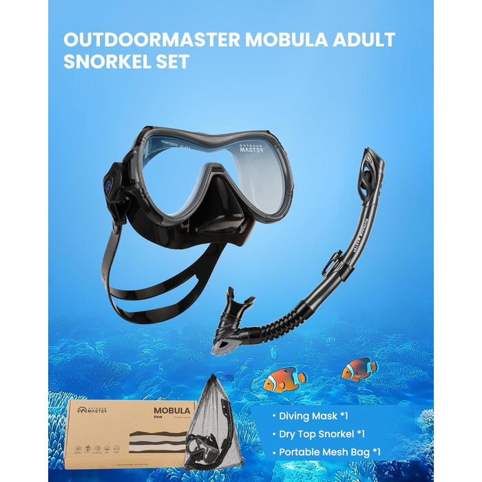 Набір для снорклінгу OutdoorMaster Mobula для дорослих: маска з загартованим склом, антифог, сухий трубка для плавання, дайвінгу, підводного плавання