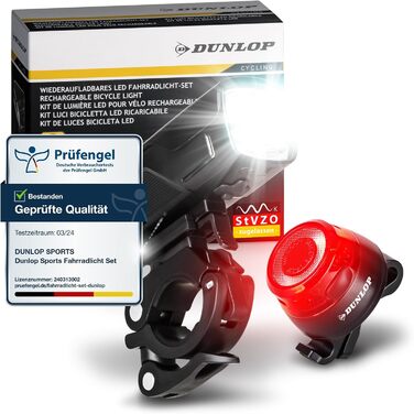 Комплект велосипедних ліхтарів Dunlop Sports — надяскравий LED з акумулятором, передня OSRAM лампа і заднє світло, StVZO, чорний
