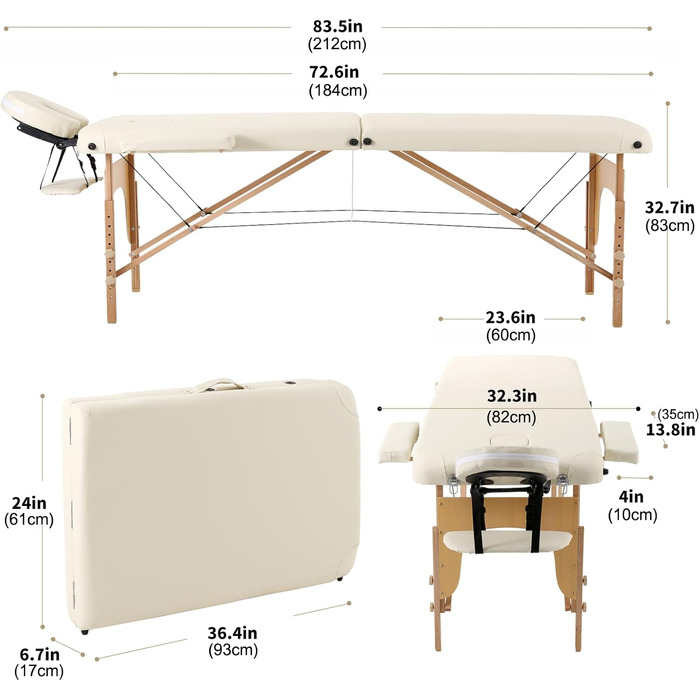 Зонний масажний стіл Panana Портативна масажна лава Регульований по висоті масажний стіл з підголівником і знімними дерев'яними підлокітниками (бежевий), 2-