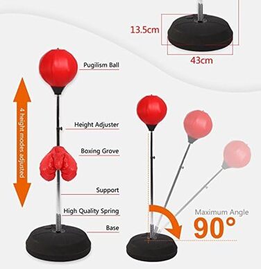 Дорослий Боксерський м'яч Стояча боксерська груша Боксерський набір Стояча коробка Рукавички Тренування з удару Регульована висота 120-150 см Червоний Підходить для професійного використання в тренажерному залі, а також вдома