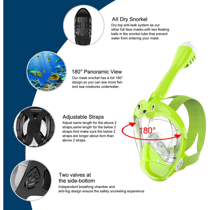 Маска для підводного плавання, маска для дайвінгу Jwintee Маска для підводного плавання Маска для всього обличчя, зручна, водонепроникна, захист від запотівання, панорамний огляд 180, кріплення для камери знімається за бажанням Зовнішній вигляд дуже приєм