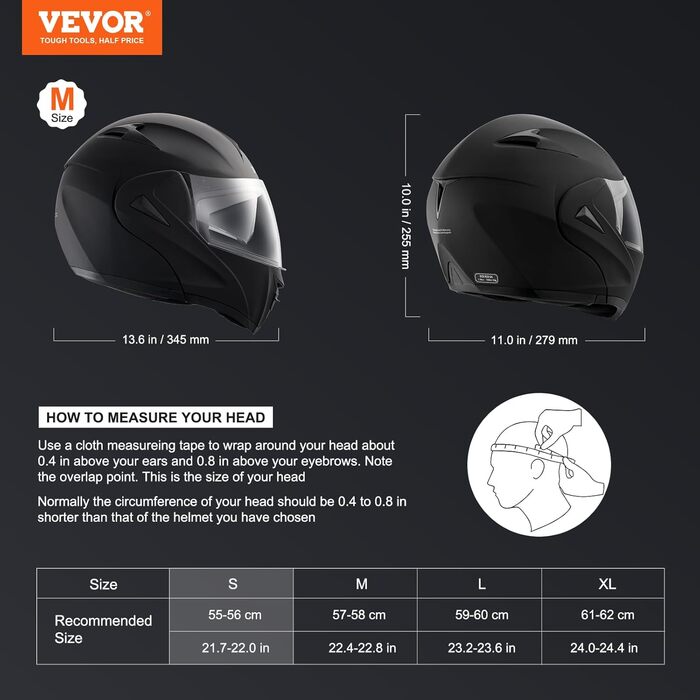 Мотошолом VEVOR без маски, розмір S (55-56 см), ABS, з Bluetooth, змінне скло, DOT, для підлітків і дорослих