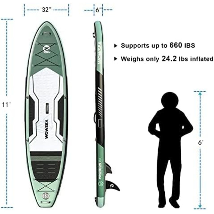 Надувна дошка для веслування WOWSEA Poseidon P1/P2/P3, дослідницька та стабільна туристична SUP-дошка, дошка для йоги для відпочинку, гарна дошка для веслування з набором аксесуарів для водного відпочинку та дослідження світло-зеленого