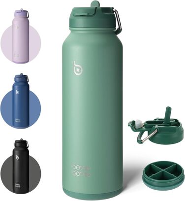 Спортивна термос-пляшка bottlebottle 1 л з нержавіючої сталі, ізоляцією, трубочкою та контейнером для пігулок, зелена