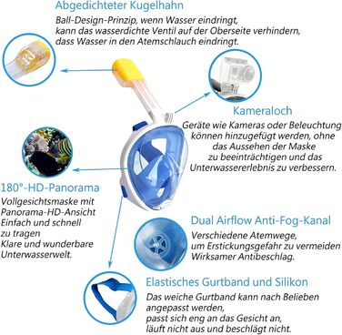 Маска для підводного плавання Vitare для дорослих і дітей, маска для дайвінгу на все обличчя, поле зору 180 Маска для повного обличчя Набір трубок із затискачем для камери, складна маска для підводного плавання проти запотівання Маска для обличчя - L/XL S