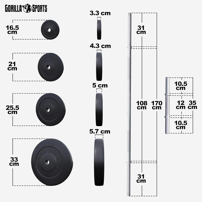 Набір гантелей GORILLA SPORTS - 70 кг, штанга 170 см, ваги 4x1,25 кг / 4x2,5 кг / 4x5 кг / 2x10 кг, 2 гантелі 30 мм, із застібками 6 зірок, пластиковий набір гантелей, набір гантелей, гантелі