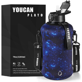 Спортивна пляшка для води Youcan Plato 2 л з трубочкою та чохлом, BPA Free, для газованої води, фітнес, спортзал
