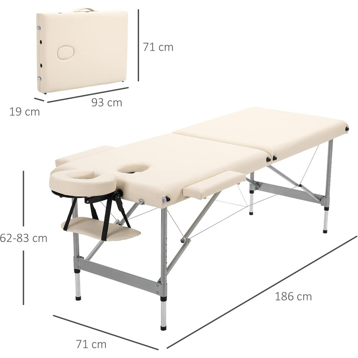 Складаний масажний стіл HOMCOM Портативний масажний стіл з регульованим по висоті підголівником в 7 напрямках і рамою з алюмінієвого сплаву для фізіотерапії Вантажопідйомність 130 кг 186x762-83 см Бежевий