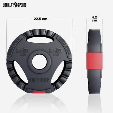 Пластини ваги GORILLA SPORTS Olympia, 1,25-30 кг, 50 мм, три рукоятки, пластик