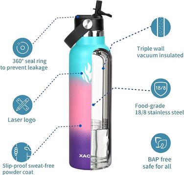 Пляшка для пиття XACIOA з нержавіючої сталі - 500 мл, 750 мл, 1 л, герметична колба термоса з соломинкою, герметична ізольована пляшка без BPA, пляшка-термос з подвійними стінками для спорту, фітнесу (750 мл, гортензія)