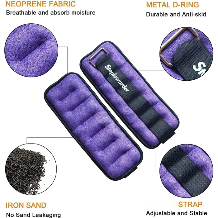 Вагові манжети Stepfowarder Обважнювачі для ніг/зап'ястя Фітнес-набір від 0,3 кг до 1,0 кг 1 пара для ніг і рук Вага для гомілковостопного суглоба для фітнесу, вправ, бігу, бігу, тренажерного залу, аеробіки 2*1,0 кг - фіолетовий