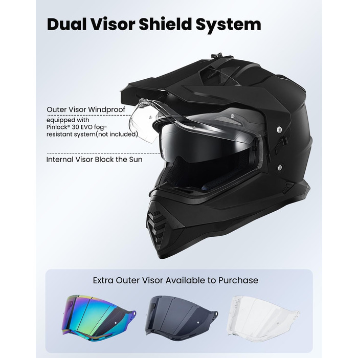Мотошолом ILM Dual Sport Adventure з сонцезахисним козирком, сумісний з Pinlock, ECE, для мотокросу, квадроцикла, оффроуд WS902